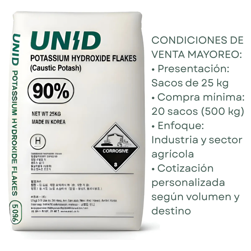 Hidróxido de Potasio (KOH) – Mayoreo | Sacos de 25 kg | Compra mínima: 20 sacos (500 kg)