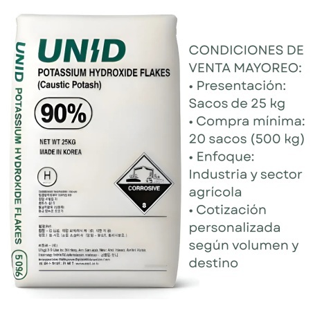 Hidróxido de Potasio (KOH) – Mayoreo | Sacos de 25 kg | Compra mínima: 20 sacos (500 kg)
